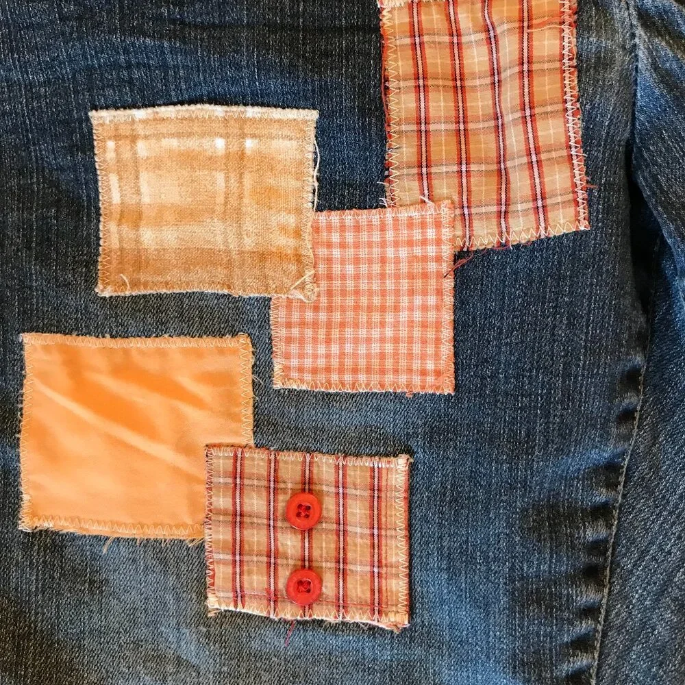 Upcycled Denim Cutoffs, Boho Patchwork Orange Brown Approx 10-12